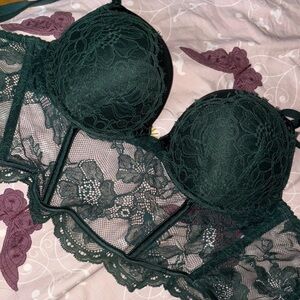 Victoria's Secret Dark Green Lace Longline Corset Bra